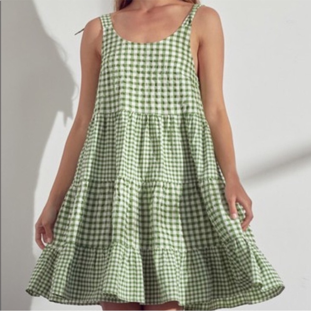 &merci green white gingham print mini dress tiered tie straps babydoll small